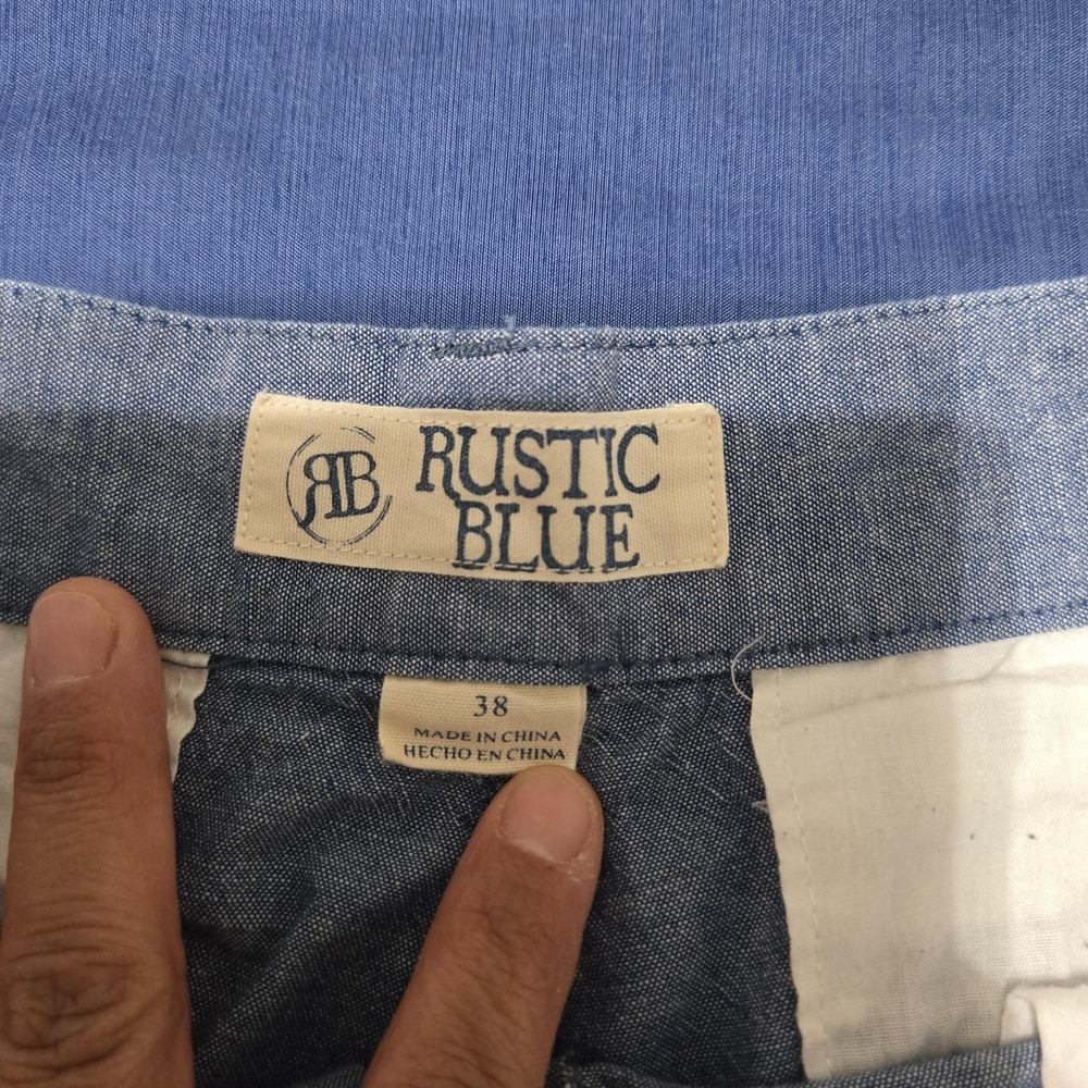 Rustic Blue Shorts Mens 38 Blue 100% Cotton Chino Denim Flat Front Summer Casual - Picture 4 of 8
